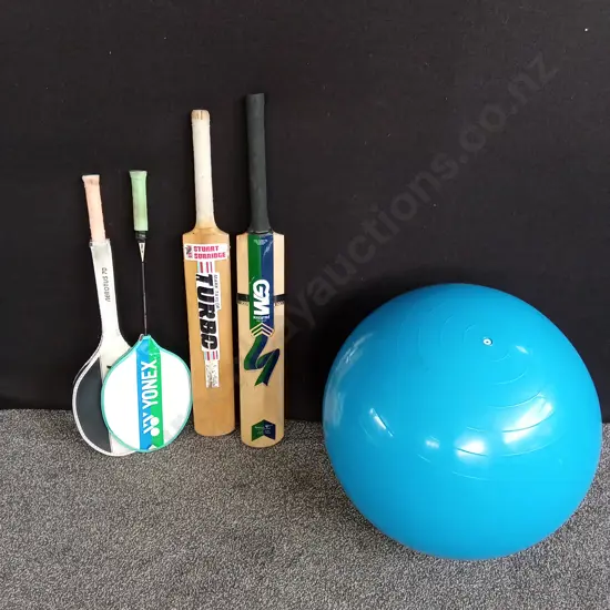 COLLECTION OF SPORTS EQUIPMENT, 2 CRICKET BATS, 2 BADMINTON RACKETS, AND EXERCISE BALL