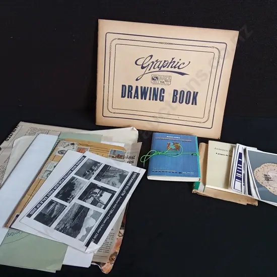ASSORTMENT OF VINTAGE PAPER EPHEMERA, INCLUDING DRAWING BOOK, AND POSTCARDS