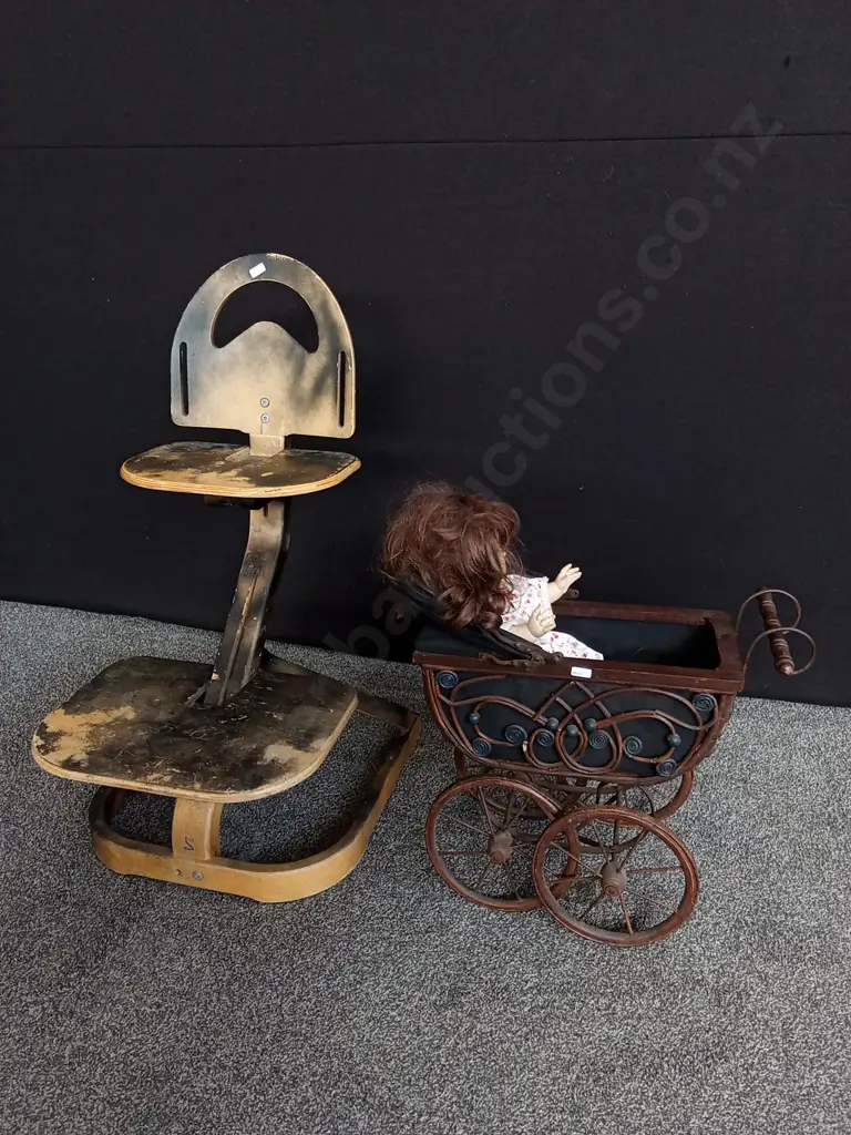 VINTAGE SVAN OF SWEDEN ERGONOMIC HIGH CHAIR, ANTIQUE DOLL PRAM AND DOLL, TALLEST H 88 CM Image 1++