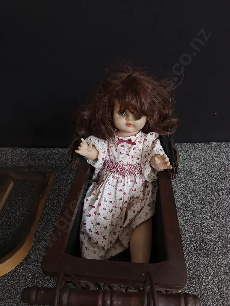 VINTAGE SVAN OF SWEDEN ERGONOMIC HIGH CHAIR, ANTIQUE DOLL PRAM AND DOLL, TALLEST H 88 CM Image 1++