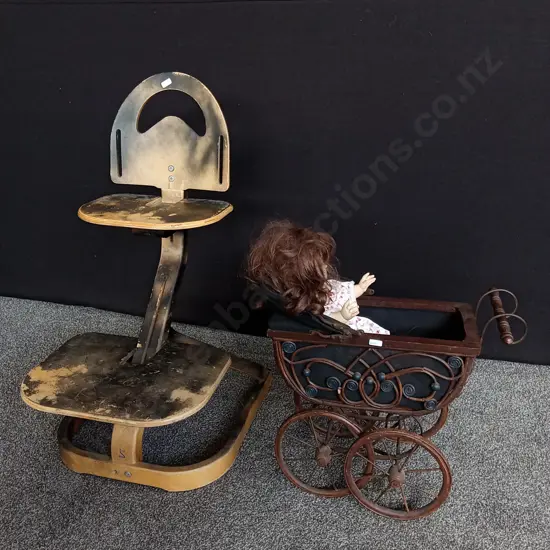 VINTAGE SVAN OF SWEDEN ERGONOMIC HIGH CHAIR, ANTIQUE DOLL PRAM AND DOLL, TALLEST H 88 CM