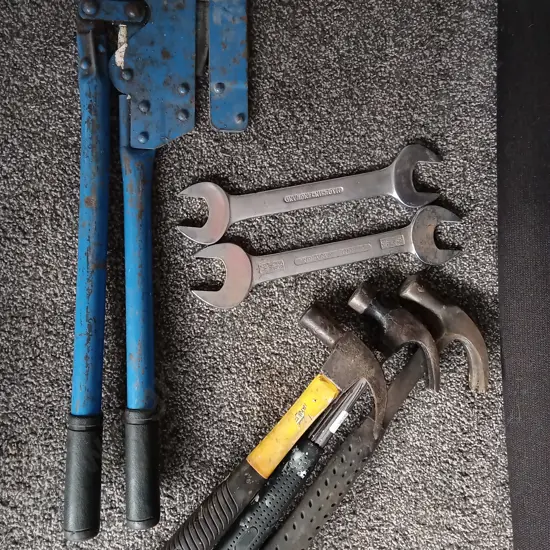 HAND TOOLS, FEATURING 3 HAMMERS, 2 WRENCHES AND SHEET CUTTER