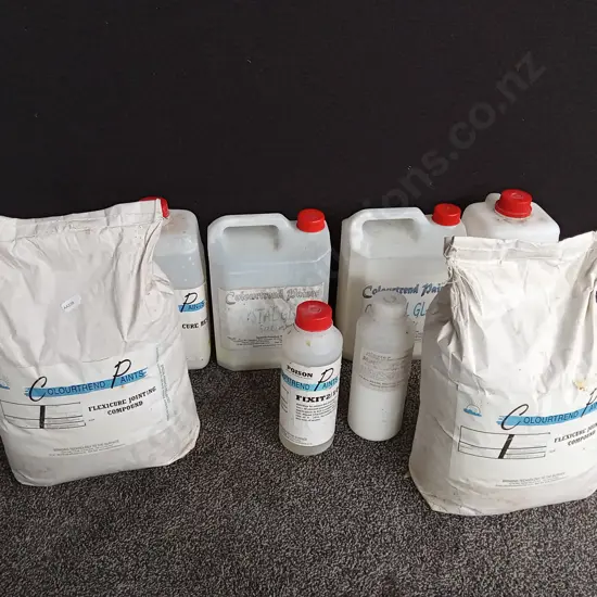 8X COLOURTREND TRADE PLASTER AND SEALING LOT, FLEXICURE COMPOUND & KRYSTAL GLAZE SEALER
