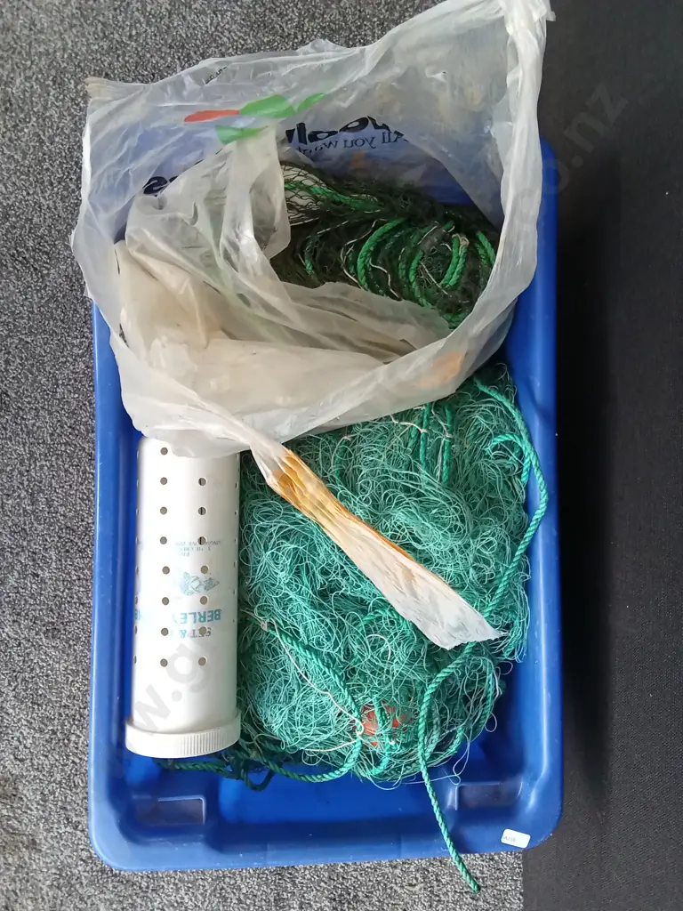 BOX OF FISHING NETS AND A BERLEY CONTAINER Image 1++