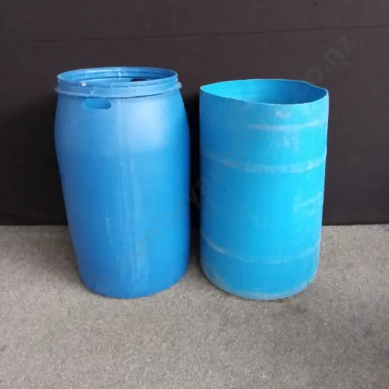 2 X LARGE BLUE ROUND PLASTIC BARRELS
