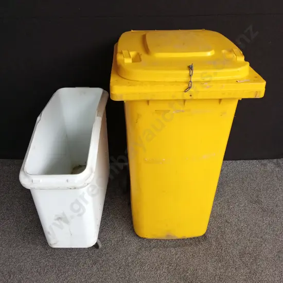 YELLOW 240 LITRE SULO WHEELIE BIN AND WHITE WHEELY BIN