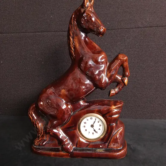 VINTAGE GERMAN CERAMIC HORSE MANTEL CLOCK, H 34 CM
