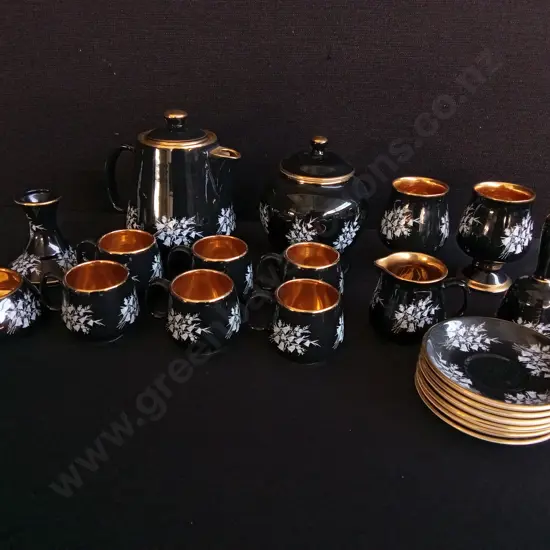 VINTAGE PRINKNASH ABBEY POTTERY 20 PIECE BLACK AND GUILT COFFEE SET