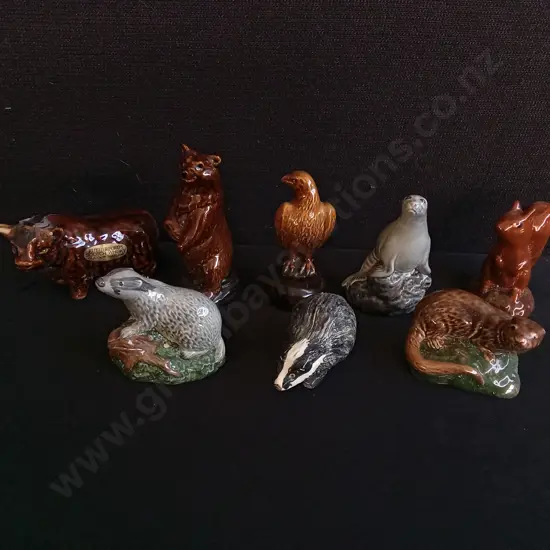 VINTAGE BESWICK BENEAGLES SCOTCH WHISKY MINIATURE ANIMAL DECANTERS, SET OF 9, FULL, TALLEST H 12 CM