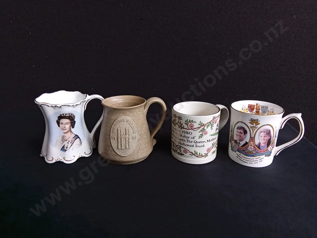4 VINTAGE COMMEMORATIVE BRITISH ROYAL FAMILY CUPS, TALLEST H 10 CM Image 1++