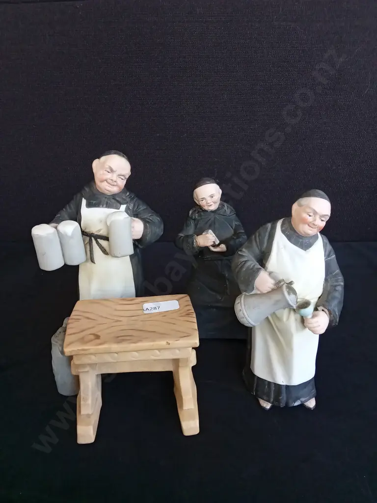 3 VINTAGE GERMAN BISQUE PORCELAIN MONK FIGURINES ONE HAS A MISSING THUMB AS PICTURED Image 1++