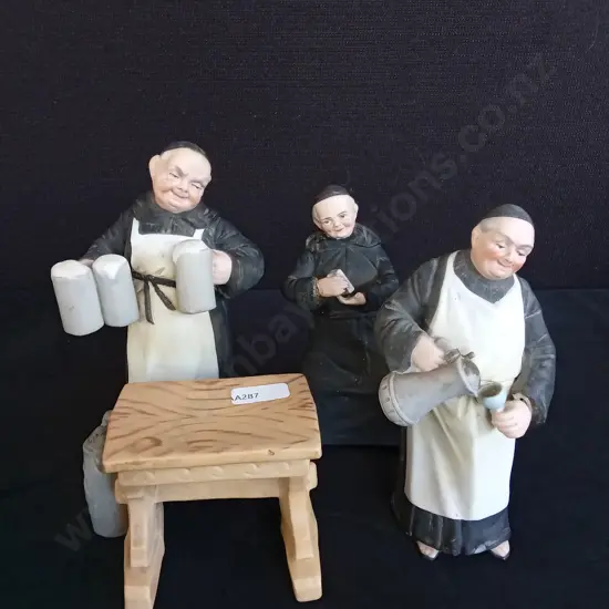 3 VINTAGE GERMAN BISQUE PORCELAIN MONK FIGURINES ONE HAS A MISSING THUMB AS PICTURED