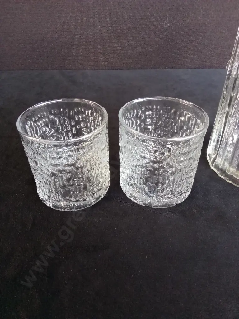 FINLAND LITTALA NECTAR GLASS PITCHER H20CM AND 2 VINTAGE RAVENHEAD TEXTURED WHISKY GLASSES H7CM Image 1++