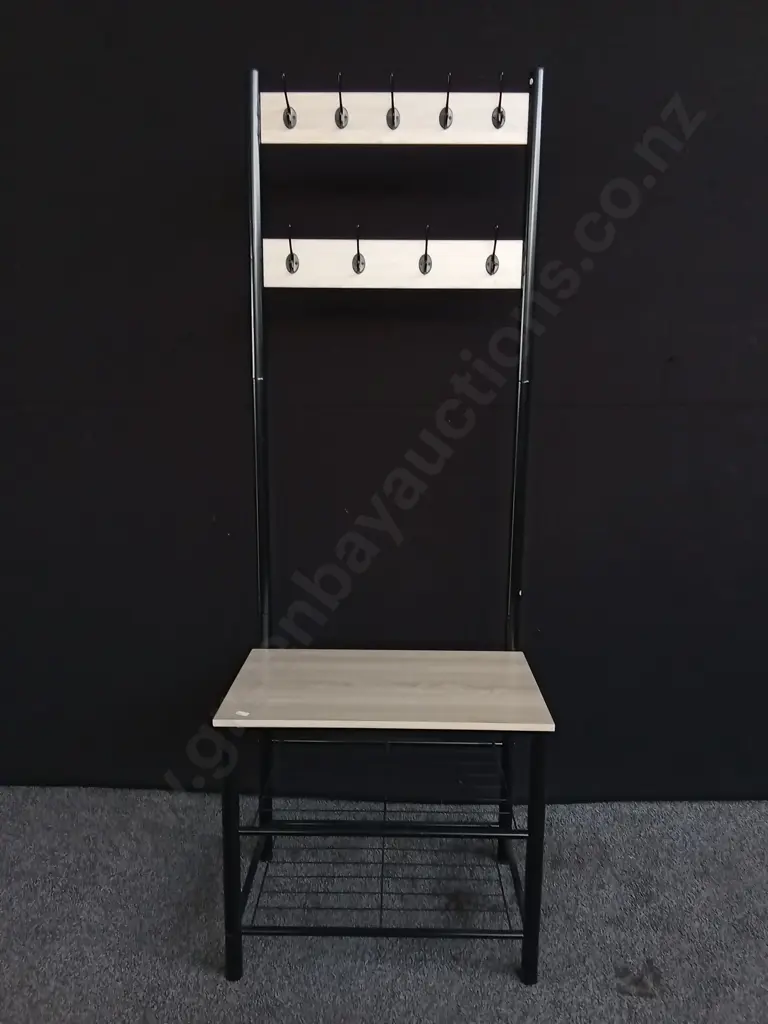 ENTRY HANGER BENCH WITH WOODEN SHELVES, H 175CM X W 61CM X D 40CM Image 1++