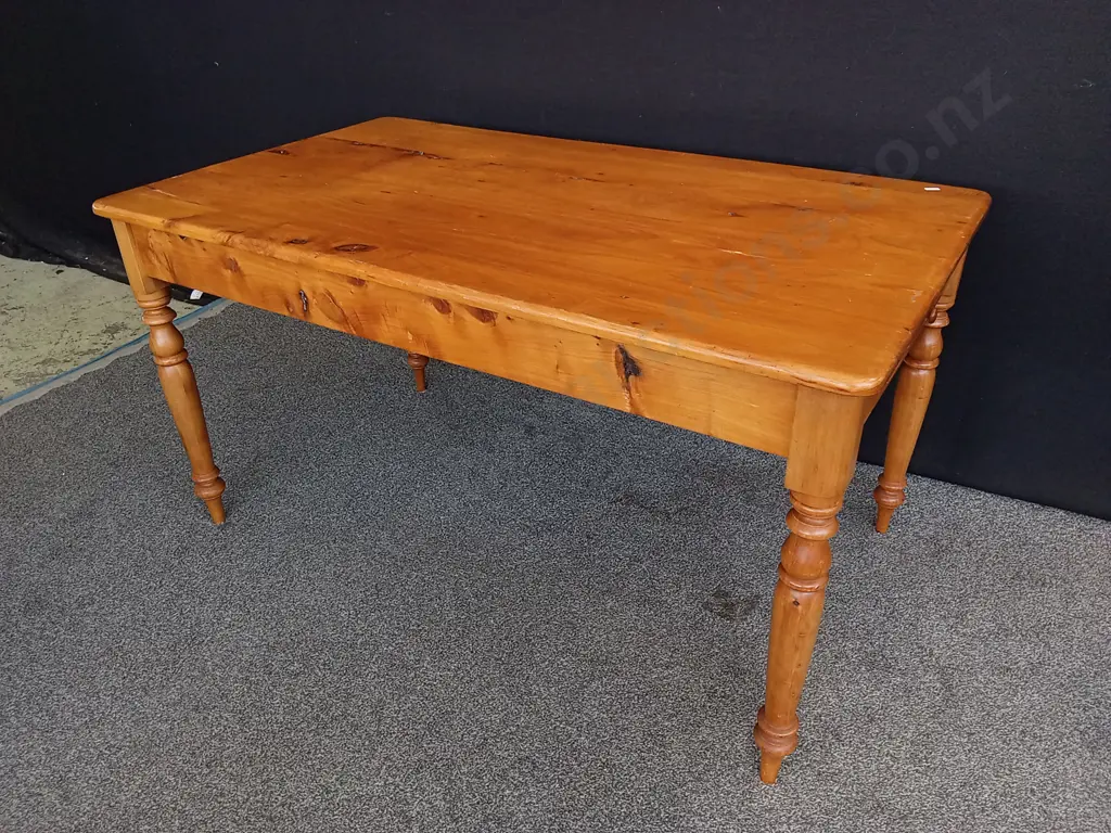 PINE TABLE WITH DRAWER AND 4 CHAIRS, TABLE H 76 CM X W 1.42 M X D 82.5 CM Image 1++