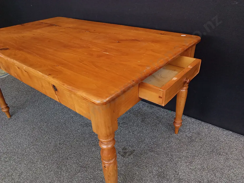 PINE TABLE WITH DRAWER AND 4 CHAIRS, TABLE H 76 CM X W 1.42 M X D 82.5 CM Image 1++