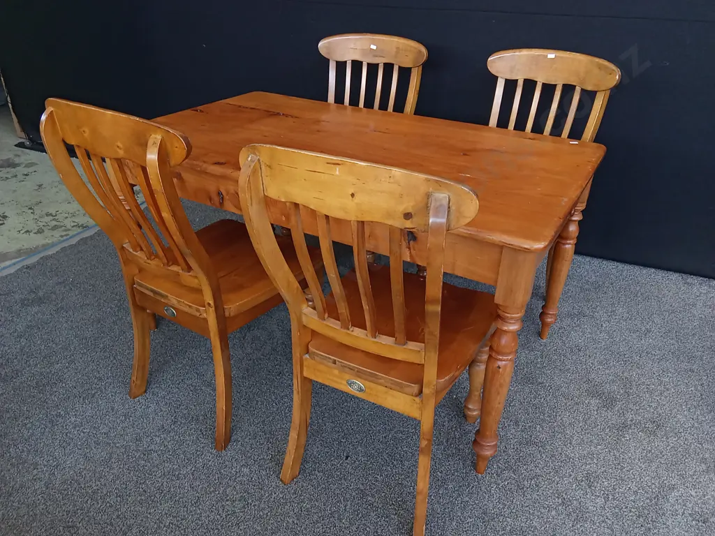 PINE TABLE WITH DRAWER AND 4 CHAIRS, TABLE H 76 CM X W 1.42 M X D 82.5 CM Image 1++