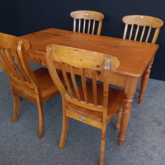 PINE TABLE WITH DRAWER AND 4 CHAIRS, TABLE H 76 CM X W 1.42 M X D 82.5 CM