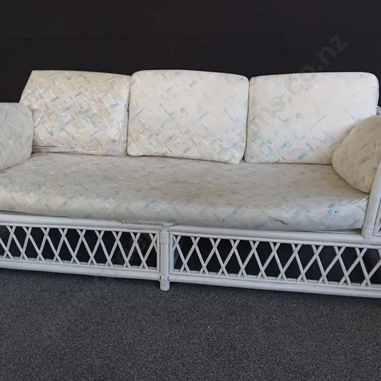 VINTAGE WHITE RATTAN SOFA, W 1.96 M X 70 CM X D 84 CM