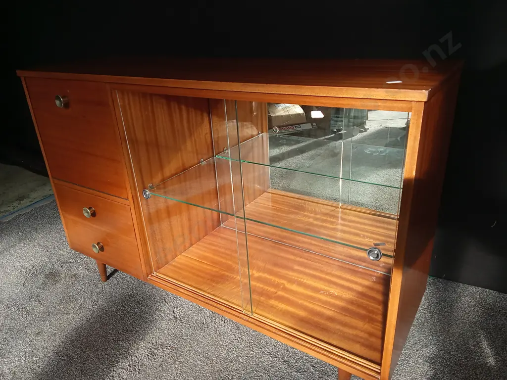 MID CENTURY MODERN CABINET WITH GLASS SLIDING DOORS H 82 CM X W 1.22 M X D 41 CM Image 1++