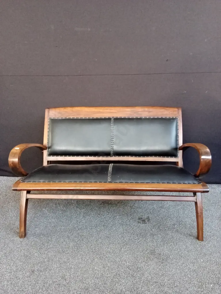VINTAGE ART DECO STYLE CURVED ARM TIMBER BENCH SEAT H80CM L1.24M D67CM Image 1++
