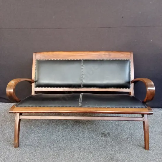 VINTAGE ART DECO STYLE CURVED ARM TIMBER BENCH SEAT H80CM L1.24M D67CM