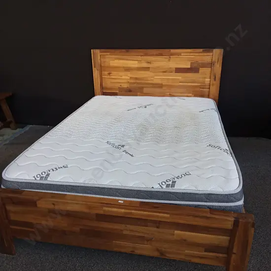 WOODEN BED FRAME AND SOFTCOOL MATTRESS, DOUBLE BED (ELECTRIC BLANKET STAIN ON MATTRESS), HEADBOARD H 1.06 M