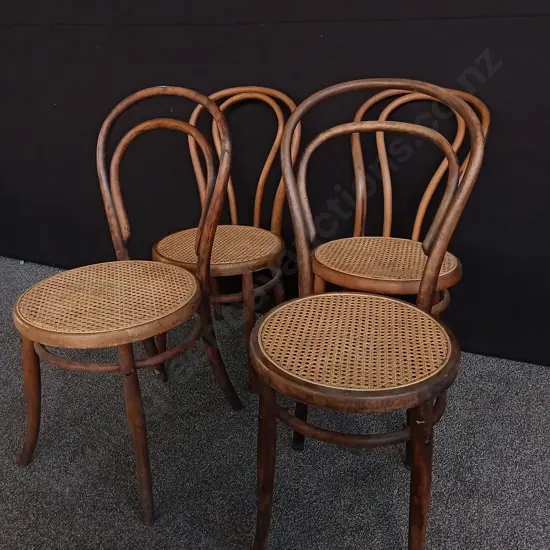 4 VINTAGE THONET STYLE CHAIRS WITH RATTAN CANE SEATS