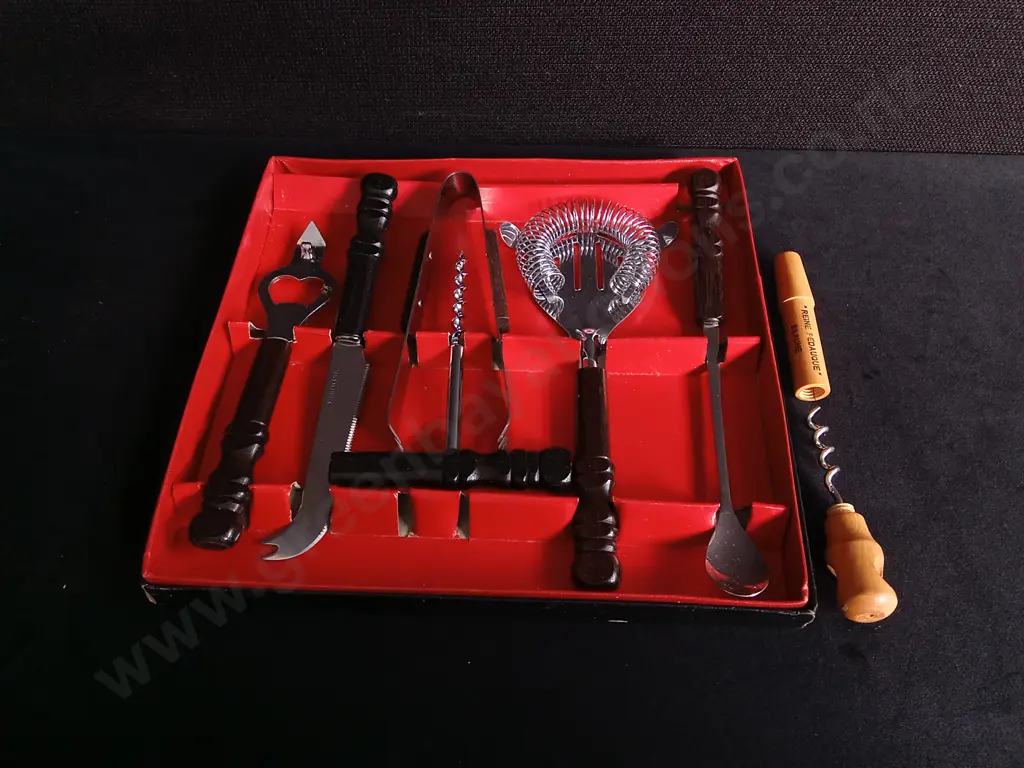VINTAGE STAINLESS STEEL BAR SET AND ANTIQUE FRENCH PROMOTIONAL POCKET CORKSCREW Image 1++