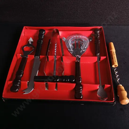 VINTAGE STAINLESS STEEL BAR SET AND ANTIQUE FRENCH PROMOTIONAL POCKET CORKSCREW