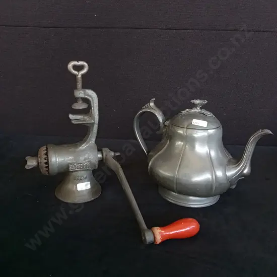 PEWTER TEAPOT H16CM AND A VINTAGE CAST IRON FOOD GRINDER