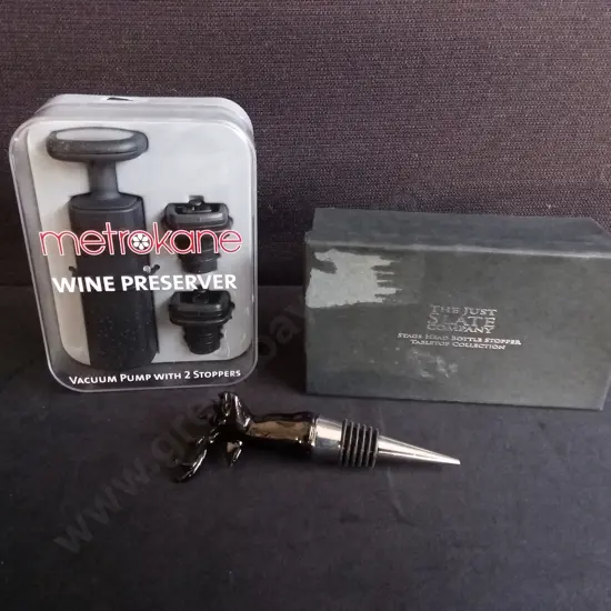 BRAND NEW METROKANE WINE PRESERVER AND THE JUST SLATE COMPANY STAG HEAD BOTTLE STOPPER
