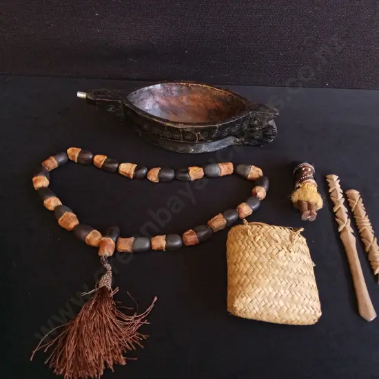 VINTAGE PACIFIC ISLAND ARTISAN ARTIFACT LOT, WOVEN HAREKEKE KETE, CARVED WOODEN VESSEL, CEREMONIAL SEED STRAND