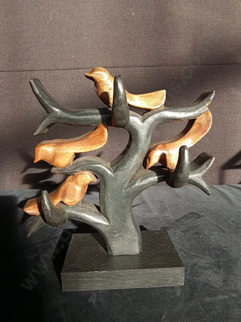 HAND CARVED TEAK WOODEN BIRD TREE SCULPTURE H27CM Image 1++