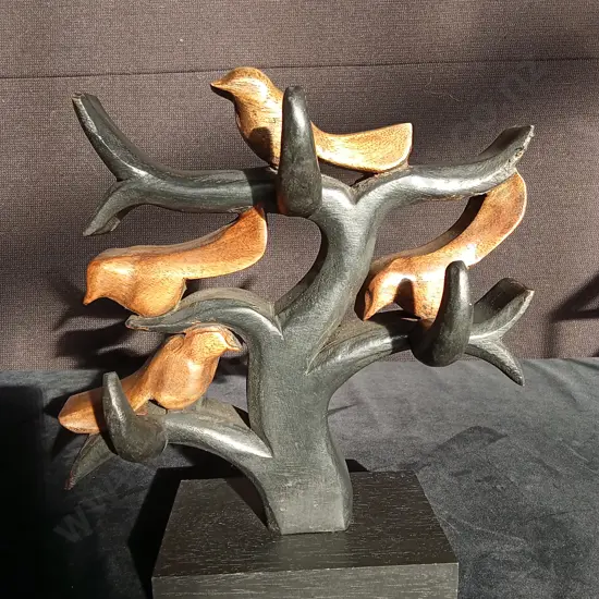 HAND CARVED TEAK WOODEN BIRD TREE SCULPTURE H27CM