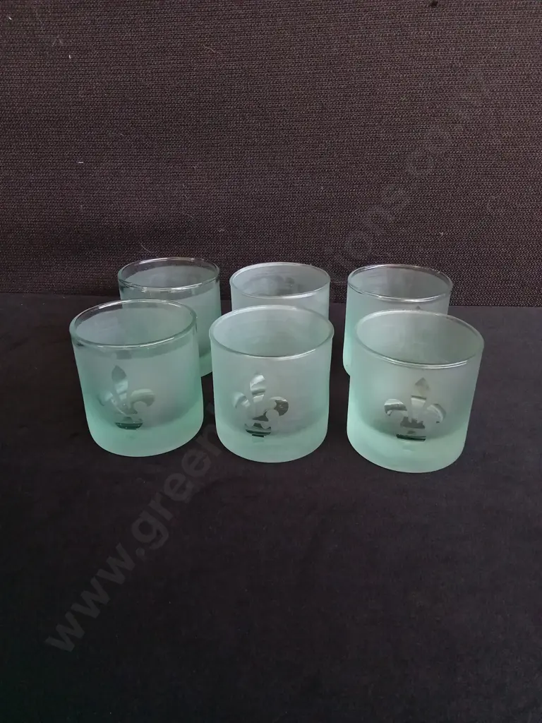 SET OF 6 MIGNON FAGET FLEUR DE LIS FROSTED GLASS CANDLE HOLDERS, H 6.5 CM Image 1++