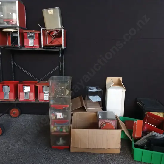 MIX OF GUMBALL/ VENDING MACHINE, PARTS, AND STOCK, INCLUDING BRAND NEW BOX OF REPLACEMENT CHAMBERS