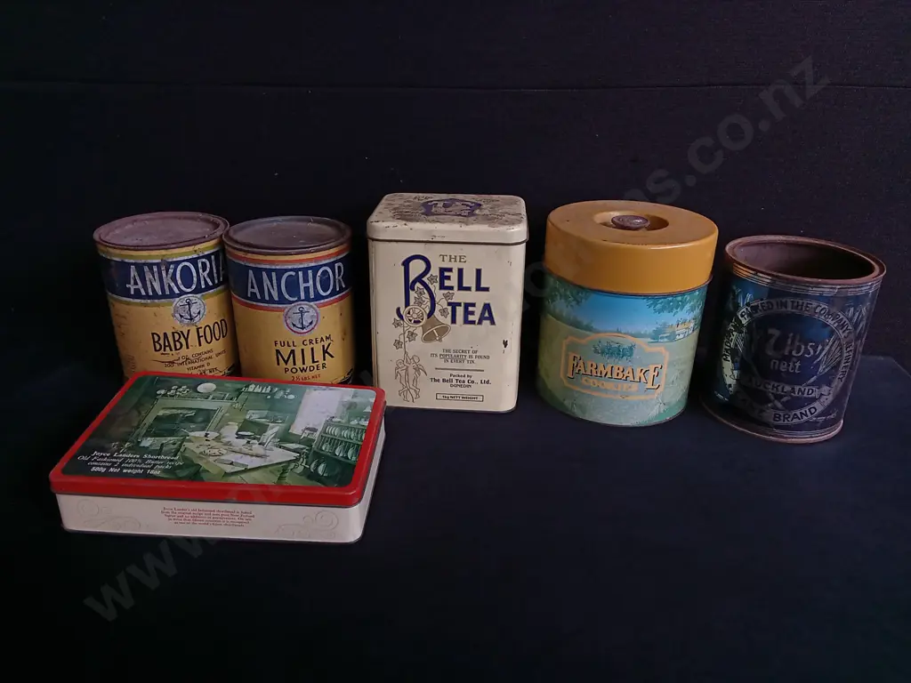6 VINTAGE ADVERTISING TINS, INCLUDING ANCHOR AND THE BELL TEA, TALLEST H 20 CM Image 1++