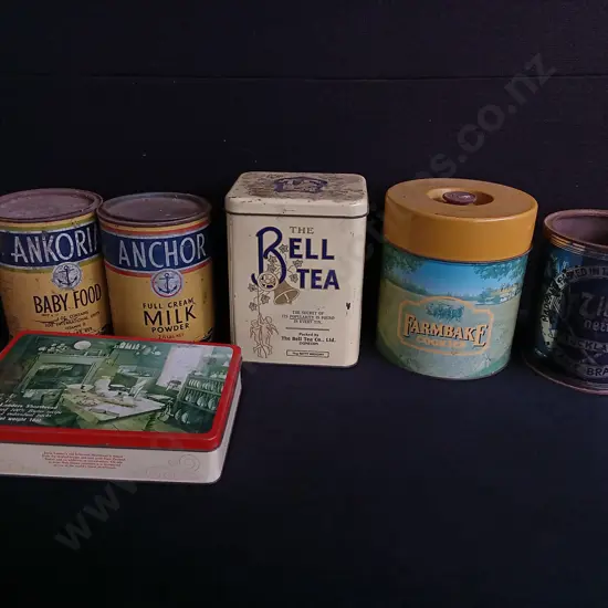 6 VINTAGE ADVERTISING TINS, INCLUDING ANCHOR AND THE BELL TEA, TALLEST H 20 CM