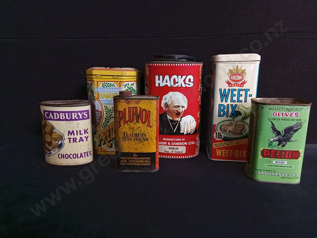 6 VINTAGE ADVERTISING TINS, INCLUDING WEET-BIX AND CADBURYS, TALLEST H 25 CM Image 1++