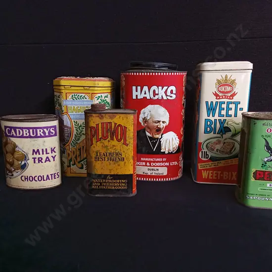 6 VINTAGE ADVERTISING TINS, INCLUDING WEET-BIX AND CADBURYS, TALLEST H 25 CM