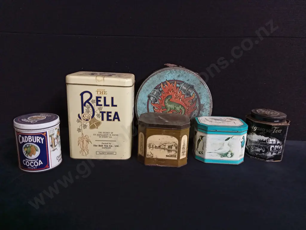 6 VINTAGE ADVERTISING TINS, INCLUDING ANCHOR AND THE BELL TEA, TALLEST H 20.5 CM Image 1++