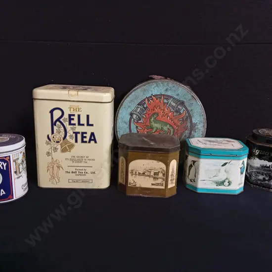 6 VINTAGE ADVERTISING TINS, INCLUDING ANCHOR AND THE BELL TEA, TALLEST H 20.5 CM