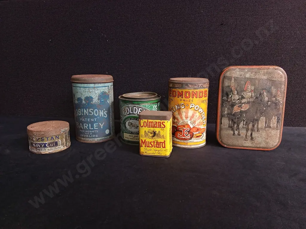 6 VINTAGE ADVERTISING TINS, INCLUDING GROCERY AND TOBACCO, TALLEST H 14.5 CM Image 1++