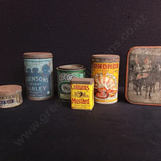 6 VINTAGE ADVERTISING TINS, INCLUDING GROCERY AND TOBACCO, TALLEST H 14.5 CM