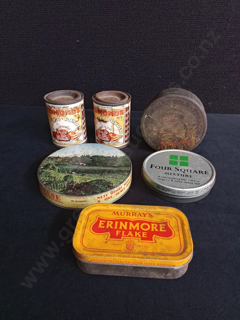 6 VINTAGE KIWI & TOBACCIANA ADVERTISING TINS, WIDEST DIA 11 CM Image 1++