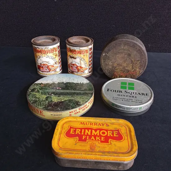 6 VINTAGE KIWI & TOBACCIANA ADVERTISING TINS, WIDEST DIA 11 CM