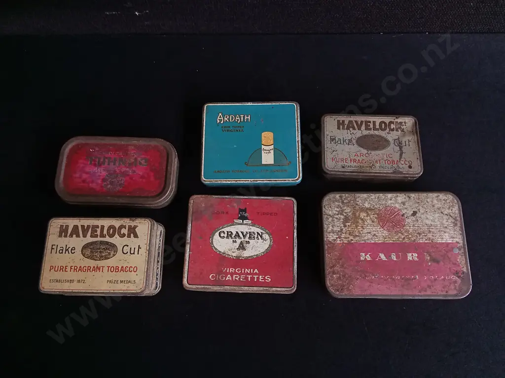 6 VINTAGE CIGARETTE TINS, WIDEST W 11 CM Image 1++