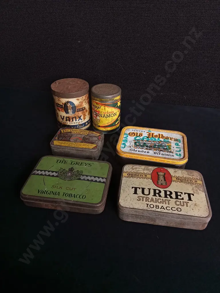 6 VINTAGE TOBACCO AND CINNAMON TINS, TALLEST H 8 CM Image 1++