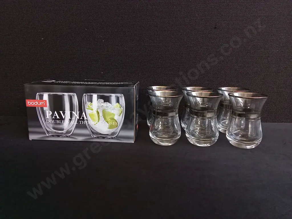 MIX OF GLASSWARE, INCLUDING 6 PIECE TURKISH TEA GLASSES, AND PAIR OF BRAND NEW BODUM DOUBLE WALL THERMO GLASSES Image 1++